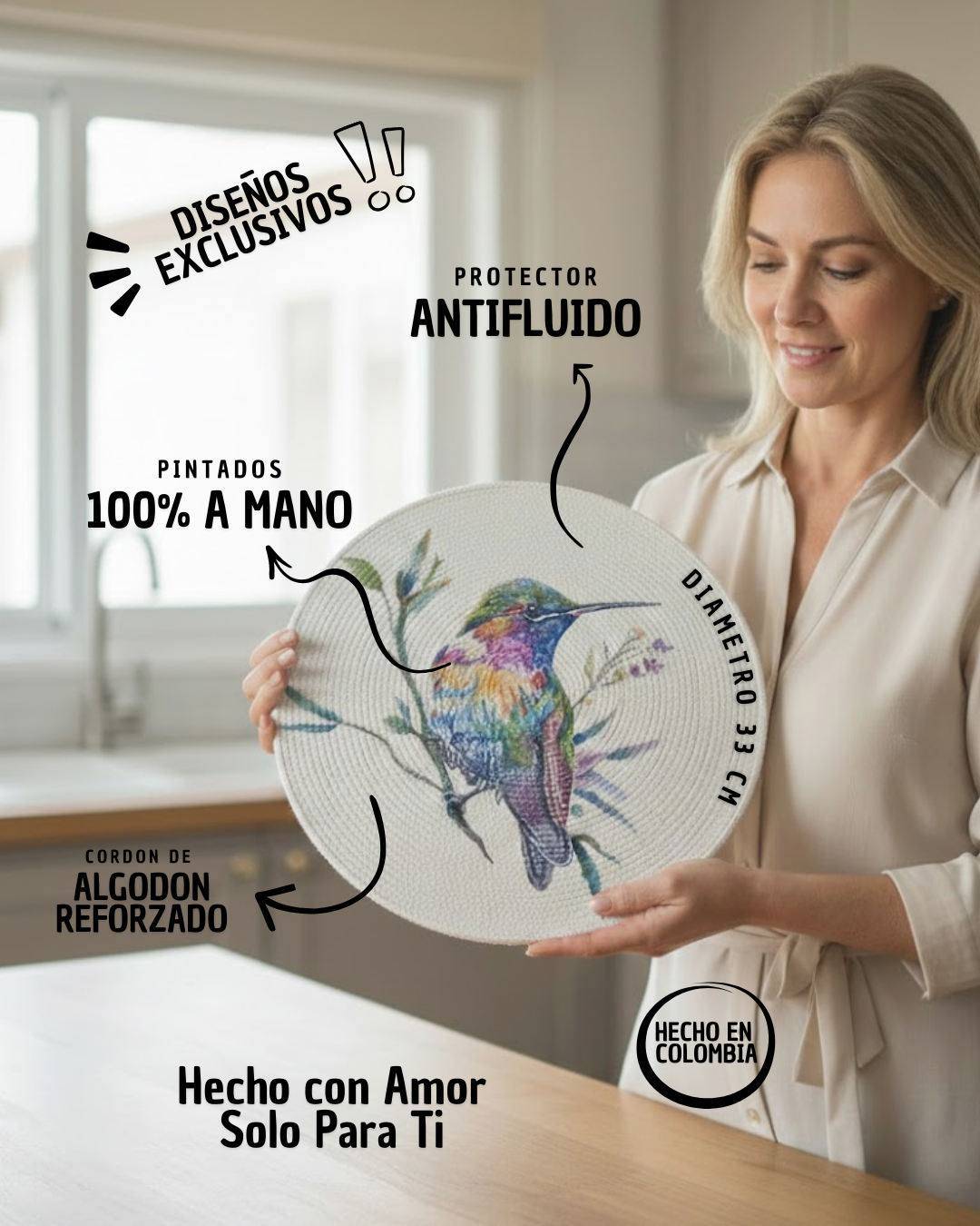 Set de Mesa Artesanal "Colibrí Colorido" – 100% Pintado a Mano (4 Puestos)