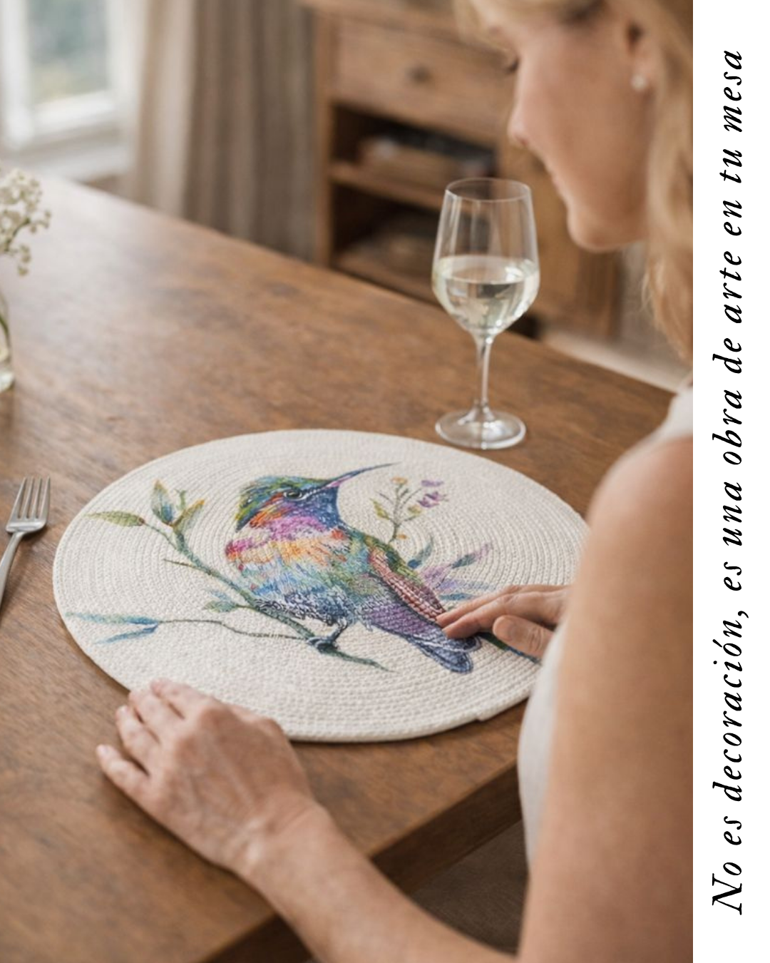 Set de Mesa Artesanal "Colibrí Colorido" – 100% Pintado a Mano (4 Puestos)