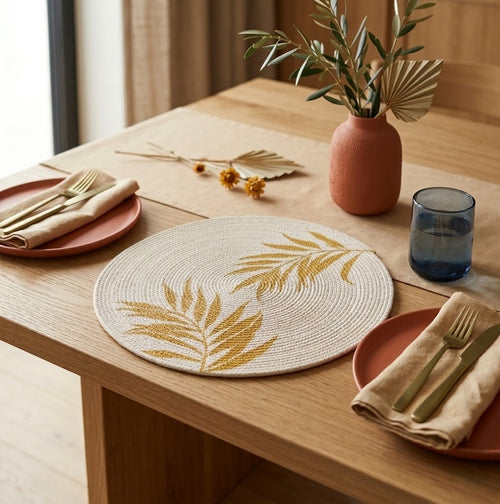 Plano detallado de una mesa de comedor de madera montada con un individual circular artesanal Lilia Baez de cordón enrollado, decorado con un motivo de hojas de palma pintadas en oro. Está rodeado por platos de terracota, cubiertos dorados, servilletas de lino beige y un jarrón de terracota con ramas de olivo y palma seca, creando un ambiente elegante y natural.