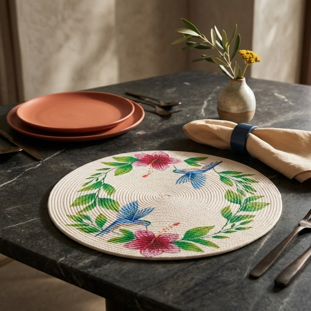 Detalle de un individual circular de lujo Lilia Baez en cordón enrollado beige claro, con colibríes azules e hibiscos tropicales pintados a mano. Reposa sobre una mesa de mármol negro pulido con plato terracota y servilleta beige.