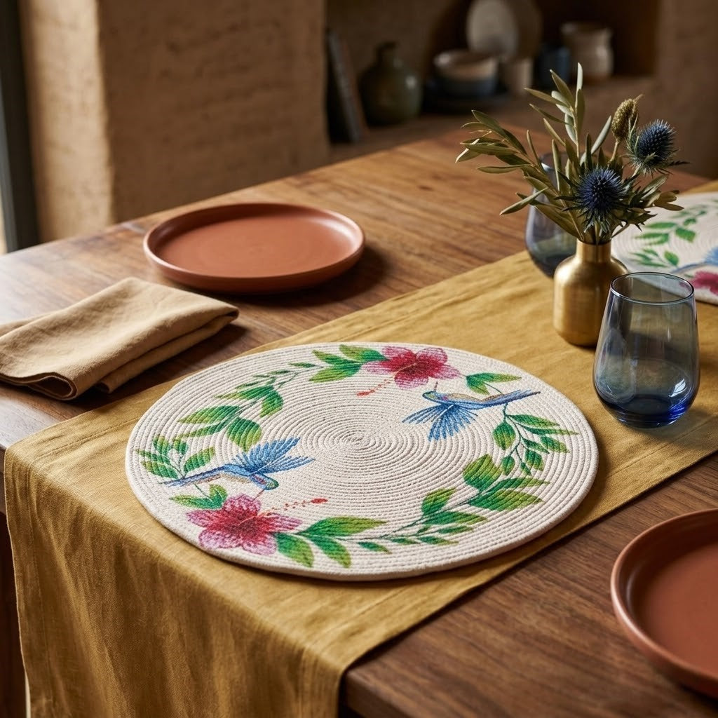Individual circular artesanal Lilia Baez en cordón enrollado de alta densidad beige claro, con un exclusivo diseño de colibríes azules e hibiscos tropicales pintados a mano, montado en una mesa de comedor de madera clara con vajilla de terracota.