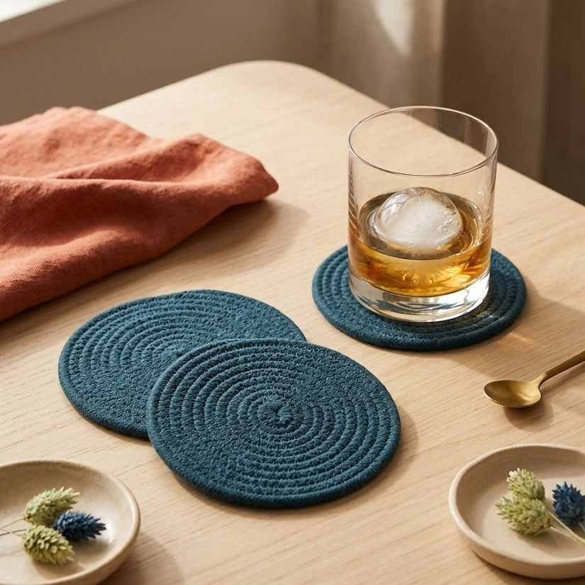 Portavaso artesanal de lujo Lilia Baez en color Azul petroleo profundo. Diseño minimalista en cordón enrollado para una decoración de mesa formal y atemporal.