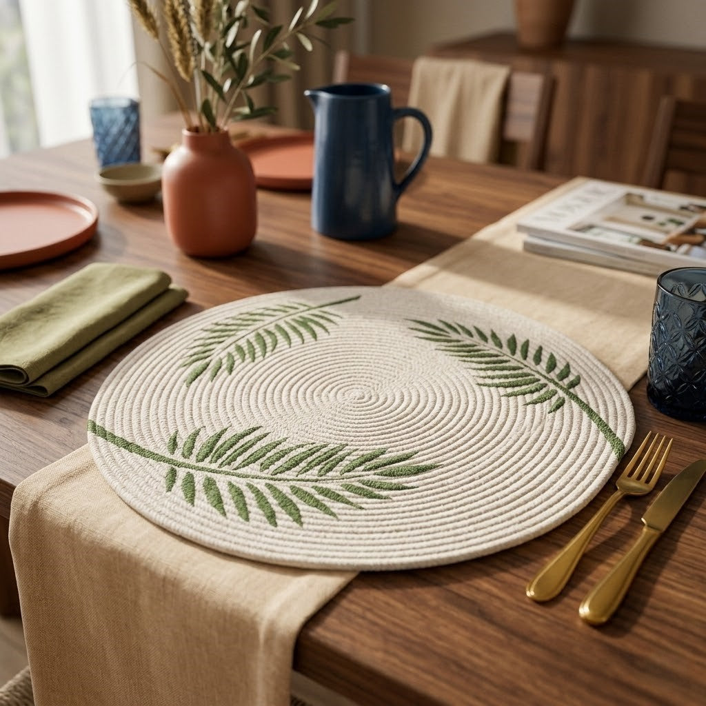 Primer plano detallado en ángulo de un individual circular de lujo Lilia Baez con costura zigzag y diseño artesanal de tres hojas verdes. Reposa sobre una mesa de madera con plato blanco y cubiertos dorados, resaltando la textura del cordón de alta densidad pintado a mano