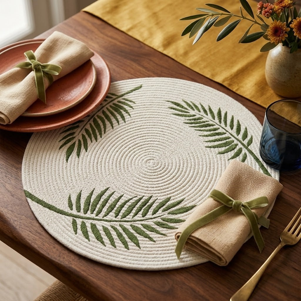 Vista cenital plana de un individual circular artesanal de Lilia Baez con diseño exclusivo de tres hojas tropicales verdes pintadas a mano sobre cordón de alta densidad beige. Montado en una elegante mesa de madera con vajilla blanca, cubiertos dorados, servilleta mostaza y jarrón de terracota.