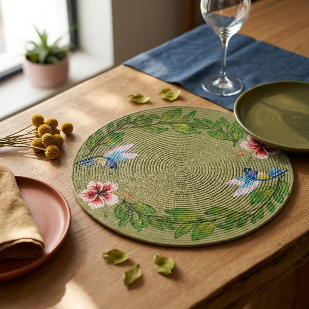 Individual circular artesanal Lilia Baez en cordón enrollado verde oliva, con un diseño exclusivo de colibríes azules e hibiscos tropicales pintados a mano. Se muestra en una mesa de madera montada con vajilla terracota y suculentas.