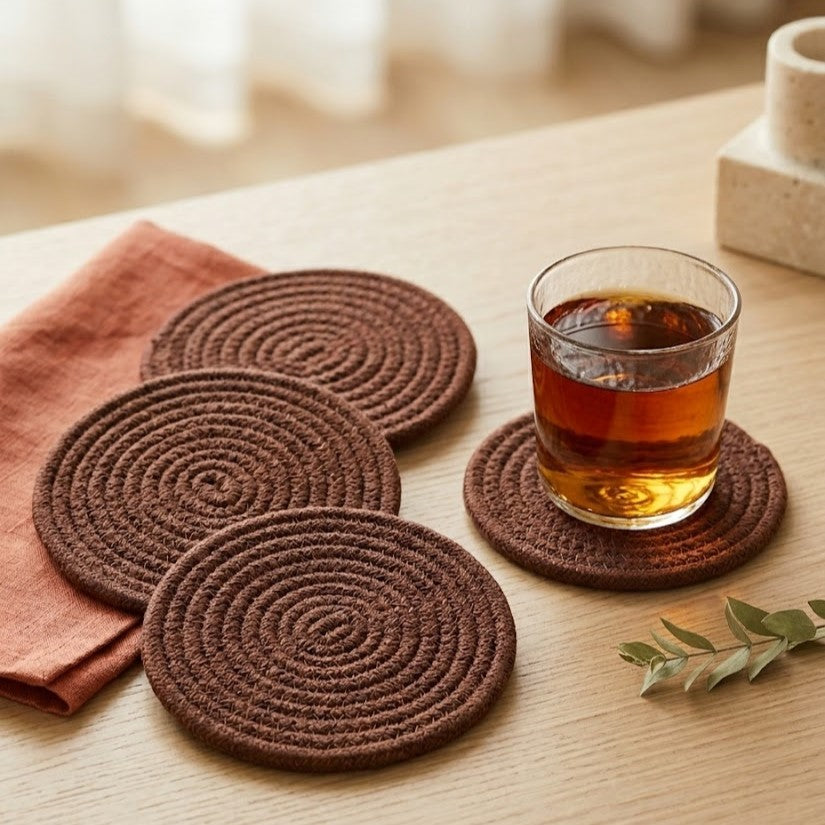Portavaso artesanal Lilia Baez en color Chocolate. Diseño minimalista en cordón enrollado de alta densidad para una decoración de mesa atemporal y elegante