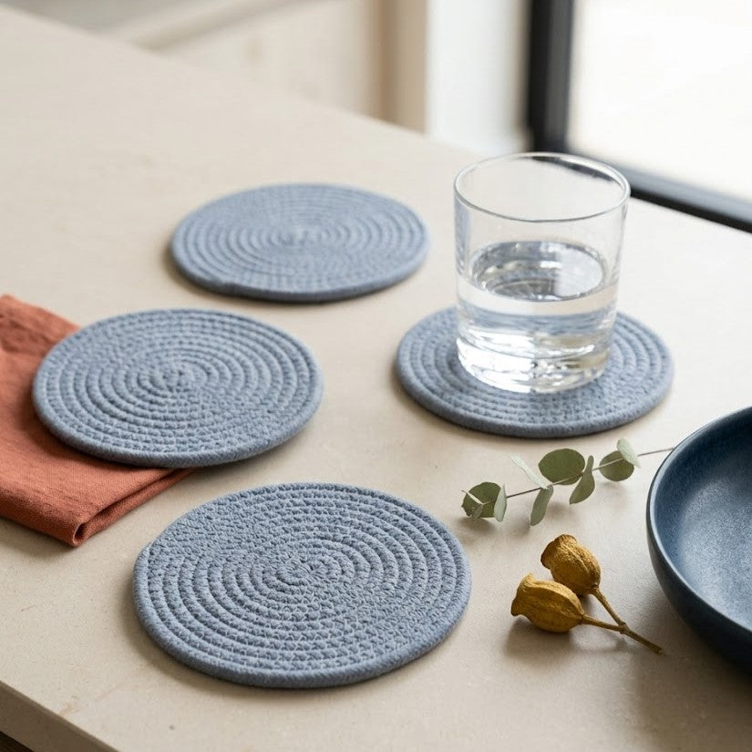 Portavaso artesanal minimalista Lilia Baez en color Azul Pastel. Pieza de autor en cordón de alta densidad para decoración de mesa de lujo.