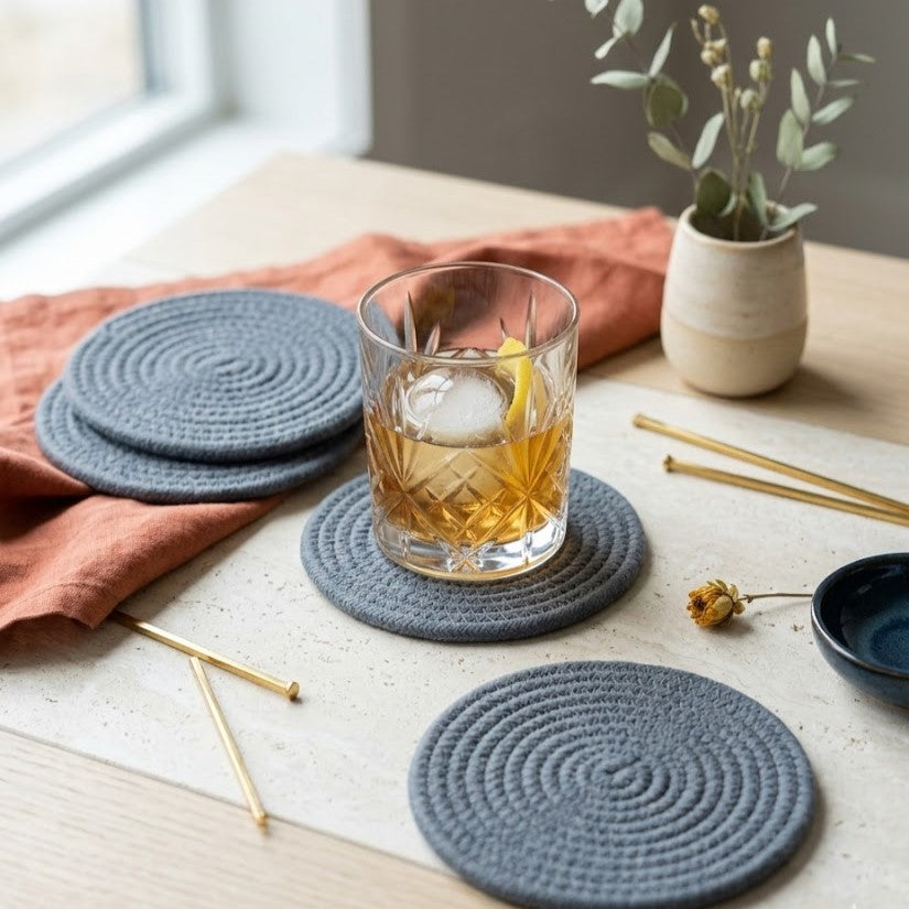 Portavaso artesanal de lujo Lilia Baez en color gris oscuro. Diseño minimalista en cordón enrollado para una decoración de mesa glamorosa y exclusiva.