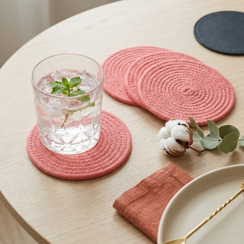 Portavaso minimalista artesanal Lilia Baez en color Guayaba. Pieza de autor en cordón enrollado para decoración de mesa colorida y de lujo