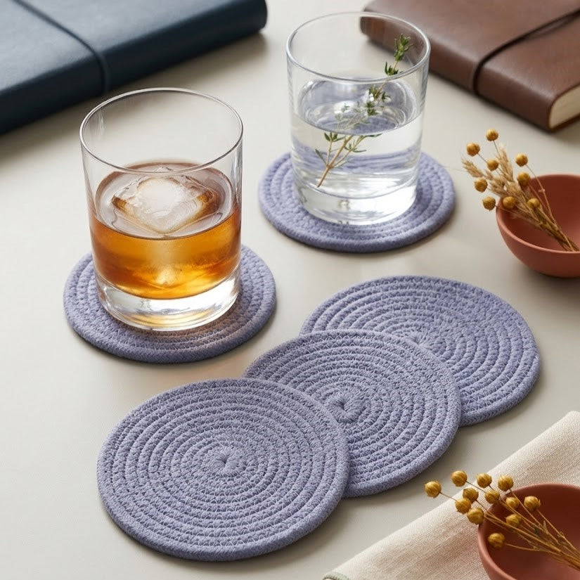 Portavaso circular de autor Lilia Baez con diseño minimalista, elaborado artesanalmente en cordón de alta densidad color Lila. Detalle decorativo exclusivo para mesas de lujo