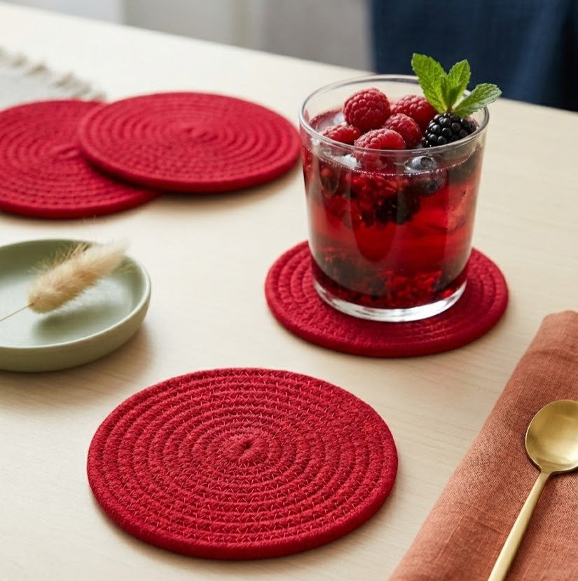 Portavaso artesanal de lujo Lilia Baez en color Rojo pasión. Diseño minimalista en cordón enrollado para mesas que buscan un toque audaz y exclusivo.