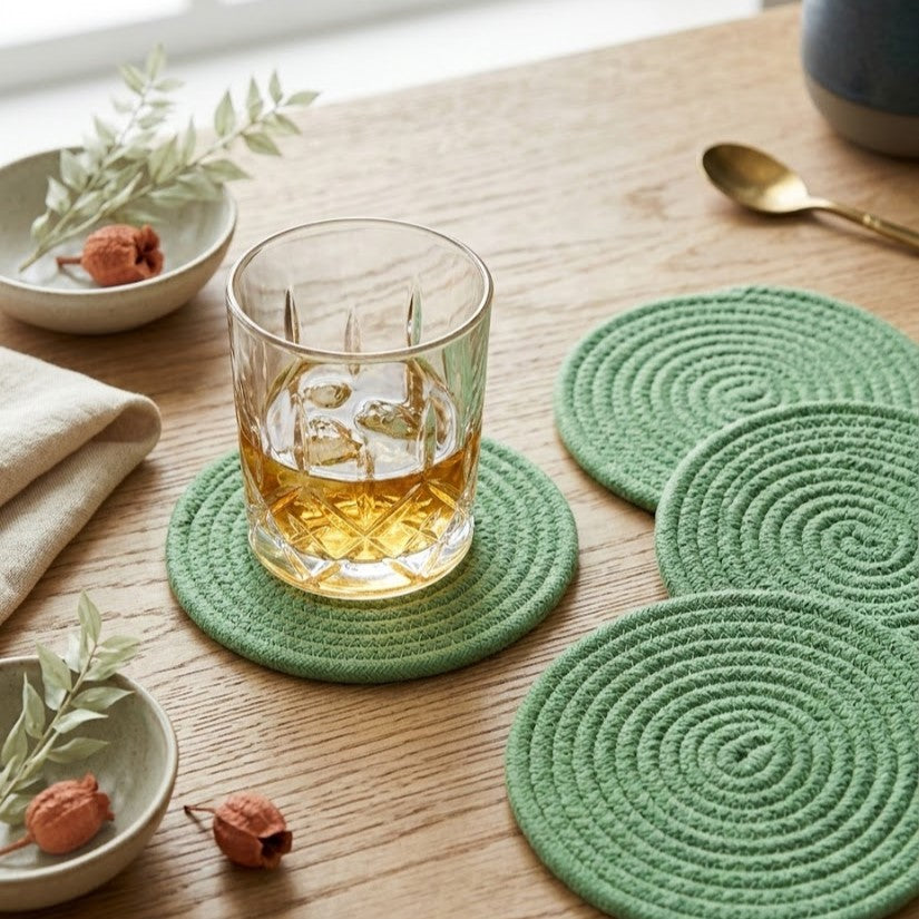 Portavaso minimalista artesanal Lilia Baez en color Verde Limon. Pieza de autor en cordón enrollado para una decoración de mesa con carácter y lujo.