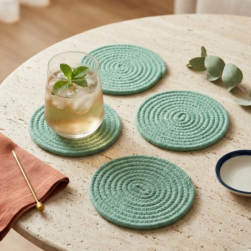 Portavaso artesanal Lilia Baez con estética minimalista en color Verde Menta. Detalle en cordón de alta densidad para mesas con diseño de autor.