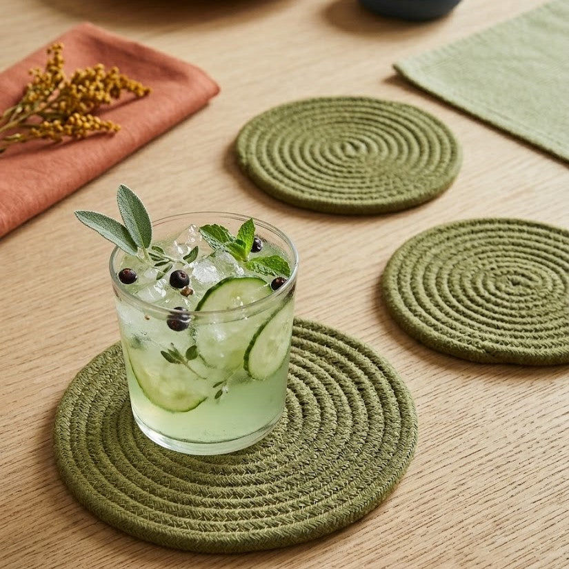 Portavaso circular minimalista Lilia Baez en color Verde Oliva. Accesorio de lujo en cordón enrollado con enfoque orgánico y elegante