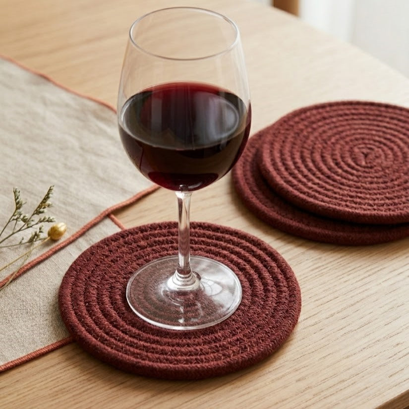 Portavaso circular artesanal Lilia Baez en color Vinotinto profundo. Diseño minimalista en cordón enrollado para ambientes de estrato 5 y 6