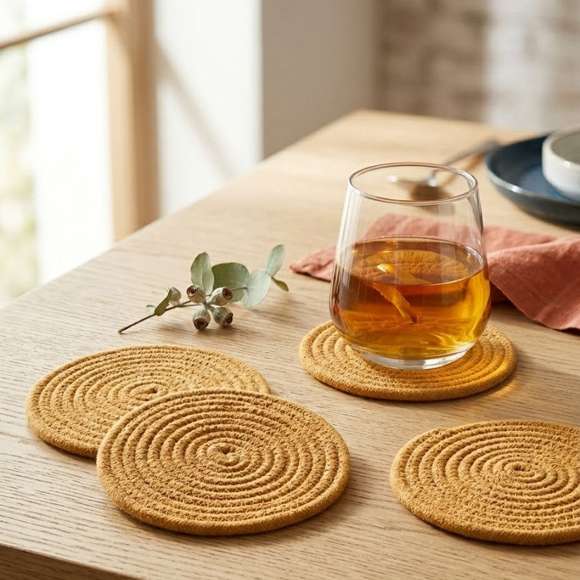 Portavaso circular minimalista Lilia Baez en tono Zapote. Detalle en cordón de alta precisión, ideal para complementar vajillas de lujo y mantelería fina