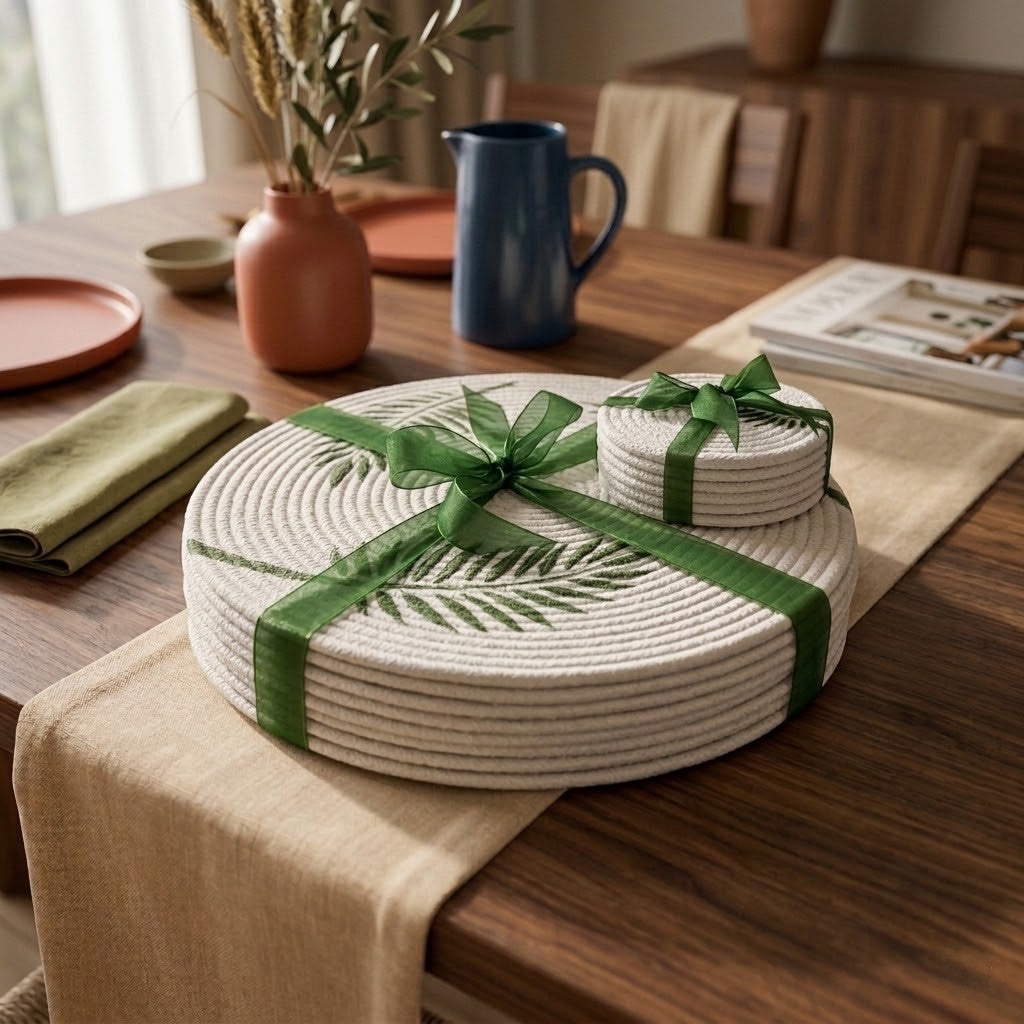 Primer plano del individual circular artesanal Lilia Baez "Tres Hojas", mostrando la alta saturación de la pintura artesanal verde en el cordón enrollado beige. El individual está sobre una mesa de madera rústica con un plato blanco y servilleta mostaza
